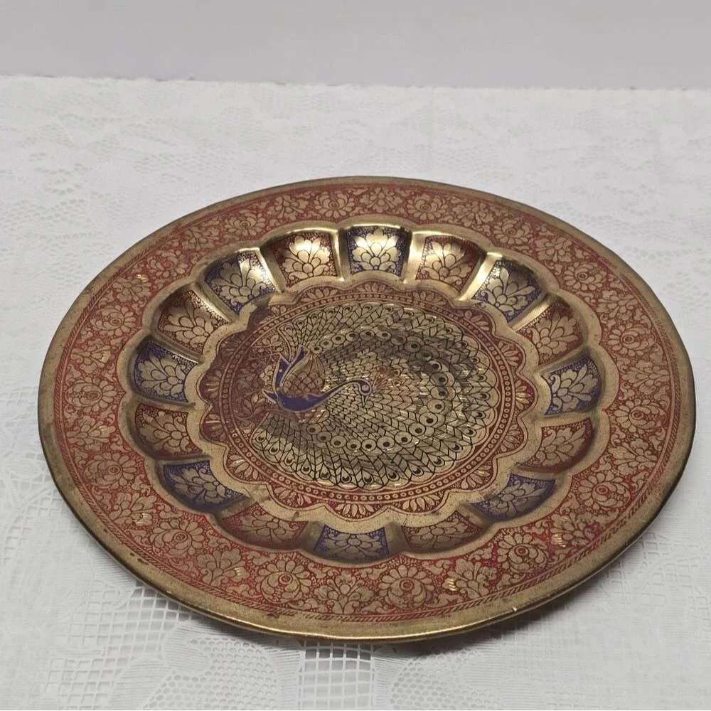 Vintage Engraved Peacock Brass Red Blue Enamel Wall Hanging Traditional Plate